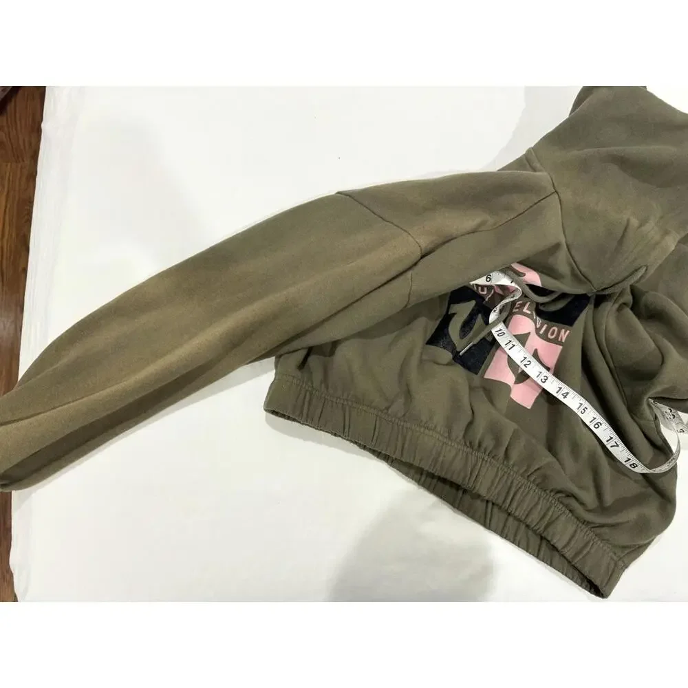 True Religion Army Green And Pink Logo Cropped Hoodie Sweatshirt- Size Small - Picture 8 of 9